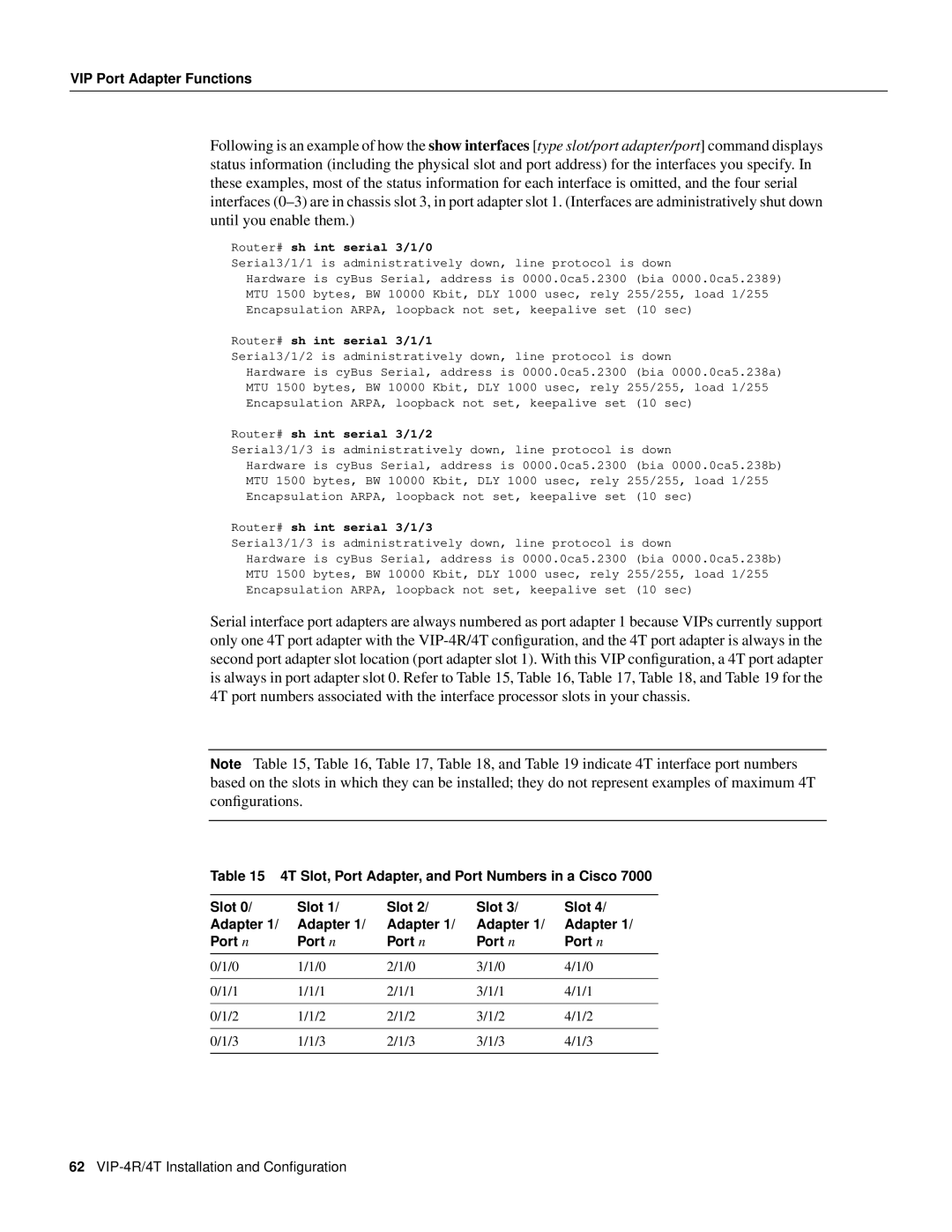 Cisco Systems VIP-4R/4T manual 4T Slot, Port Adapter, and Port Numbers in a Cisco 