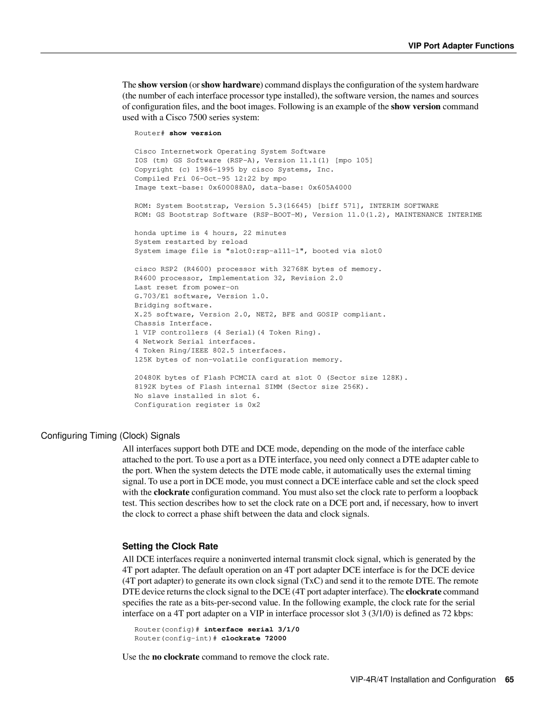 Cisco Systems VIP-4R/4T manual Conﬁguring Timing Clock Signals, Setting the Clock Rate 