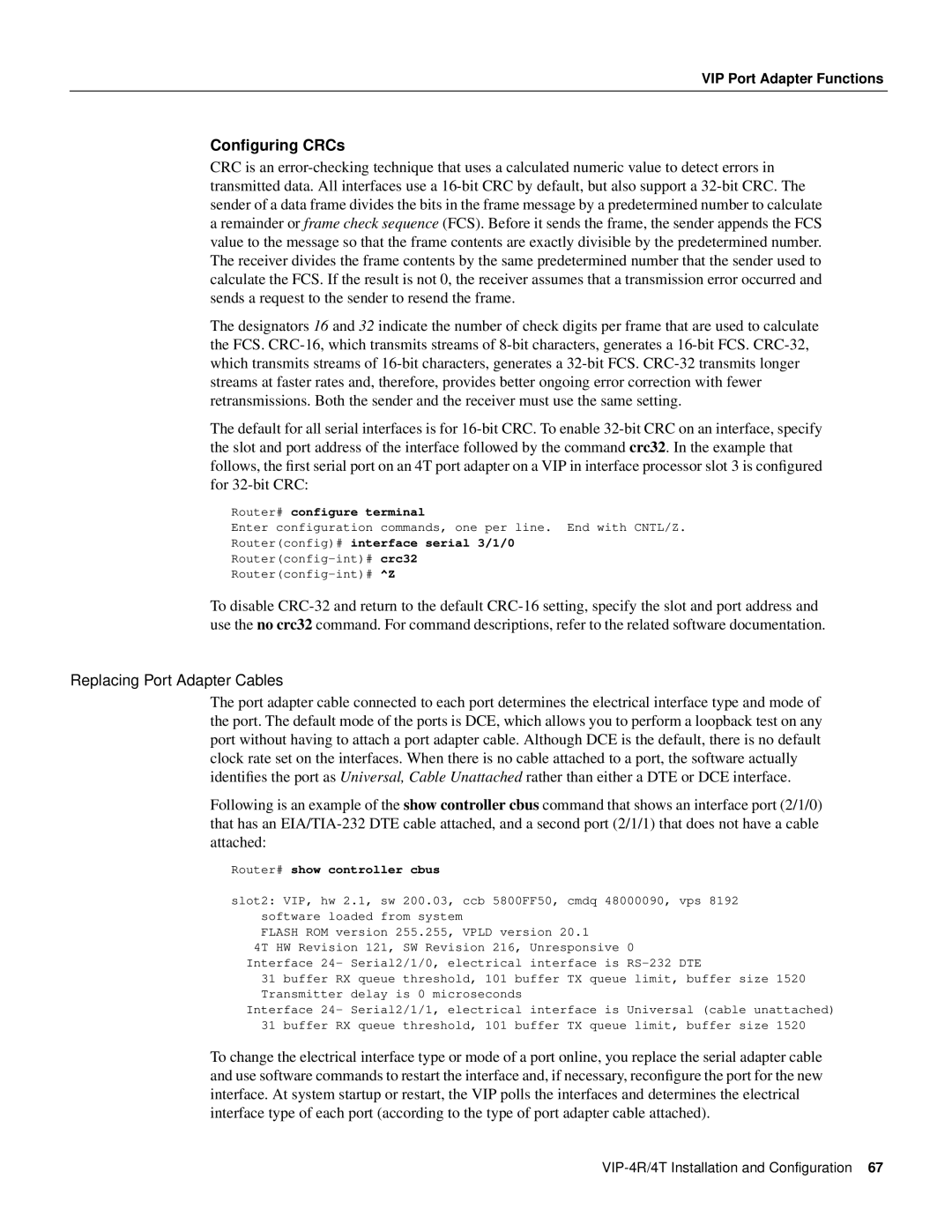 Cisco Systems VIP-4R/4T manual Conﬁguring CRCs, Replacing Port Adapter Cables 