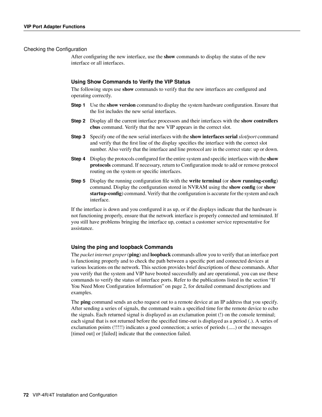 Cisco Systems VIP-4R/4T manual Using Show Commands to Verify the VIP Status, Using the ping and loopback Commands 