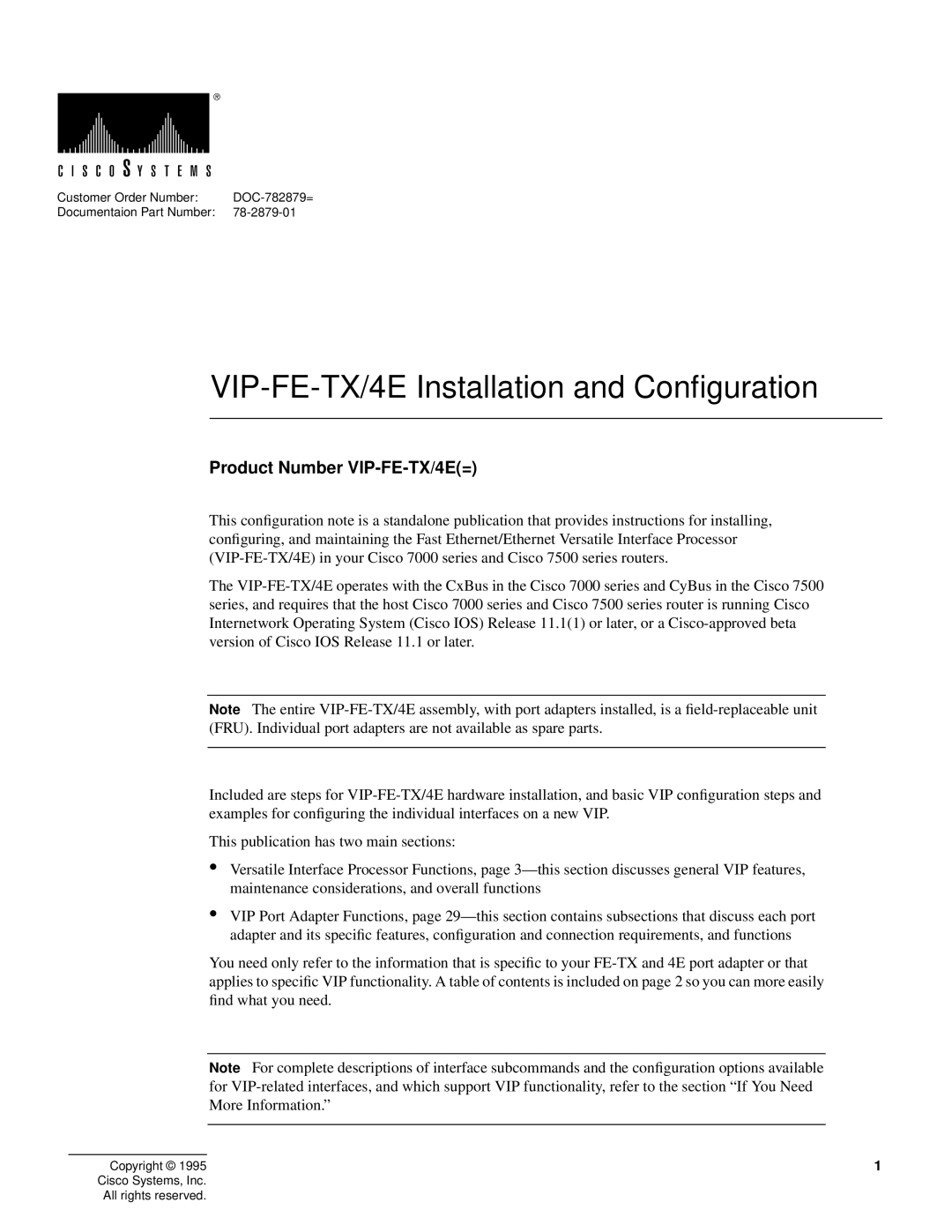 Cisco Systems manual VIP-FE-TX/4E Installation and Conﬁguration, Product Number VIP-FE-TX/4E= 