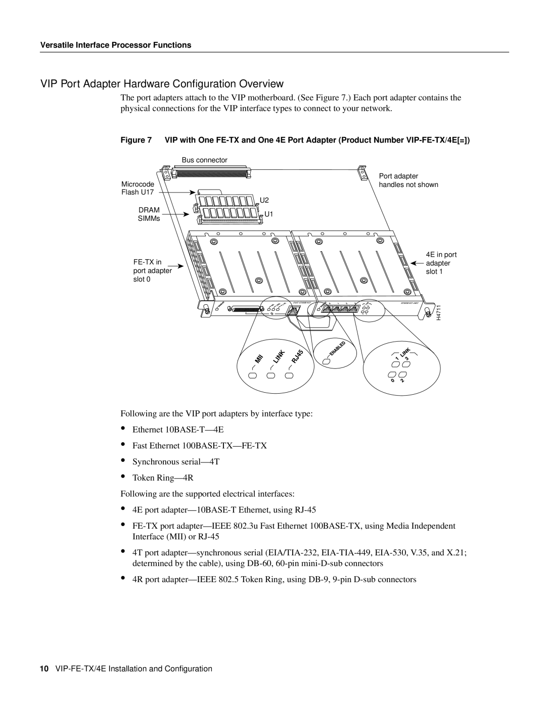 Cisco Systems VIP-FE-TX/4E manual VIP Port Adapter Hardware Conﬁguration Overview 