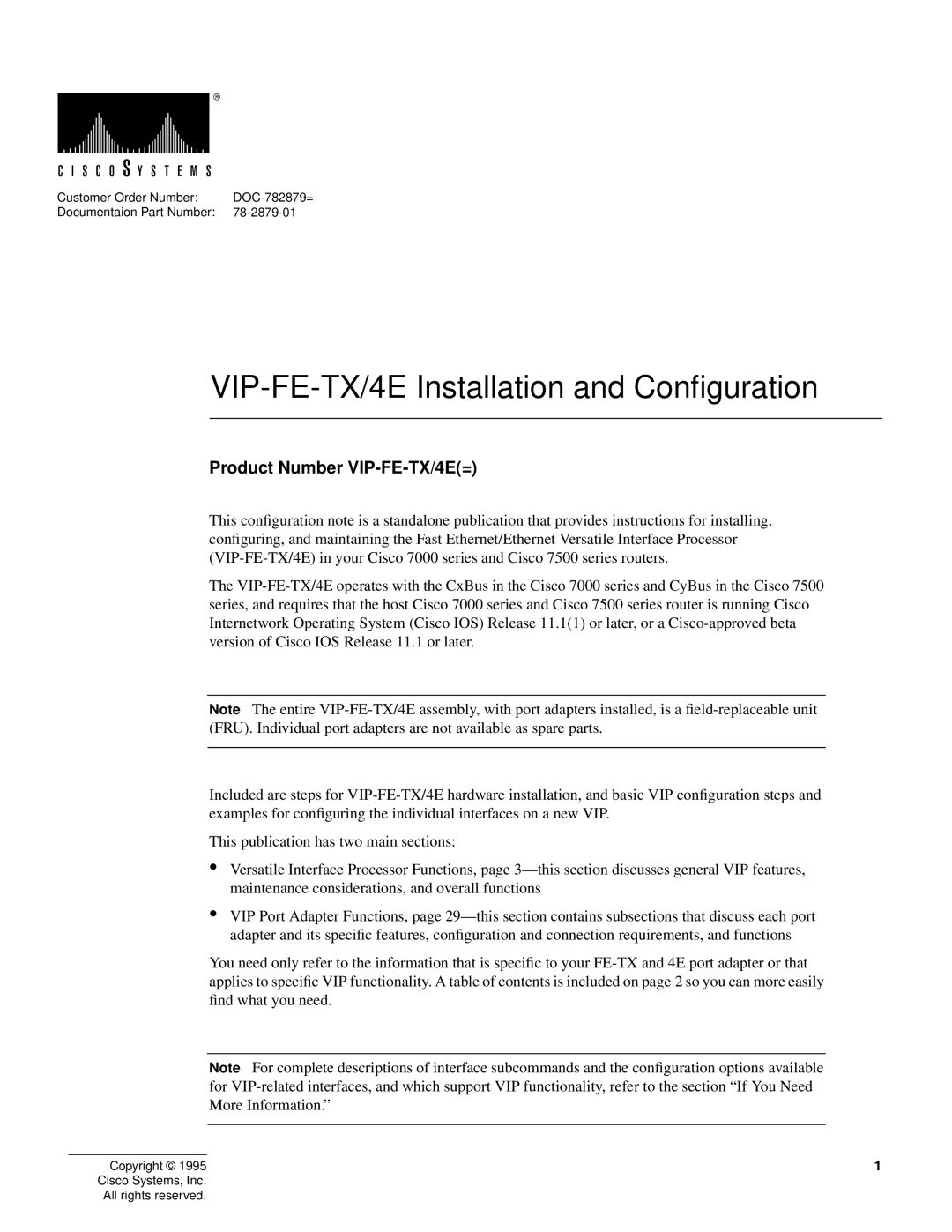 Cisco Systems manual VIP-FE-TX/4E Installation and Conﬁguration 