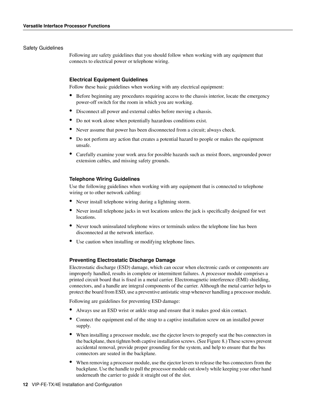 Cisco Systems VIP-FE-TX/4E manual Safety Guidelines, Electrical Equipment Guidelines 