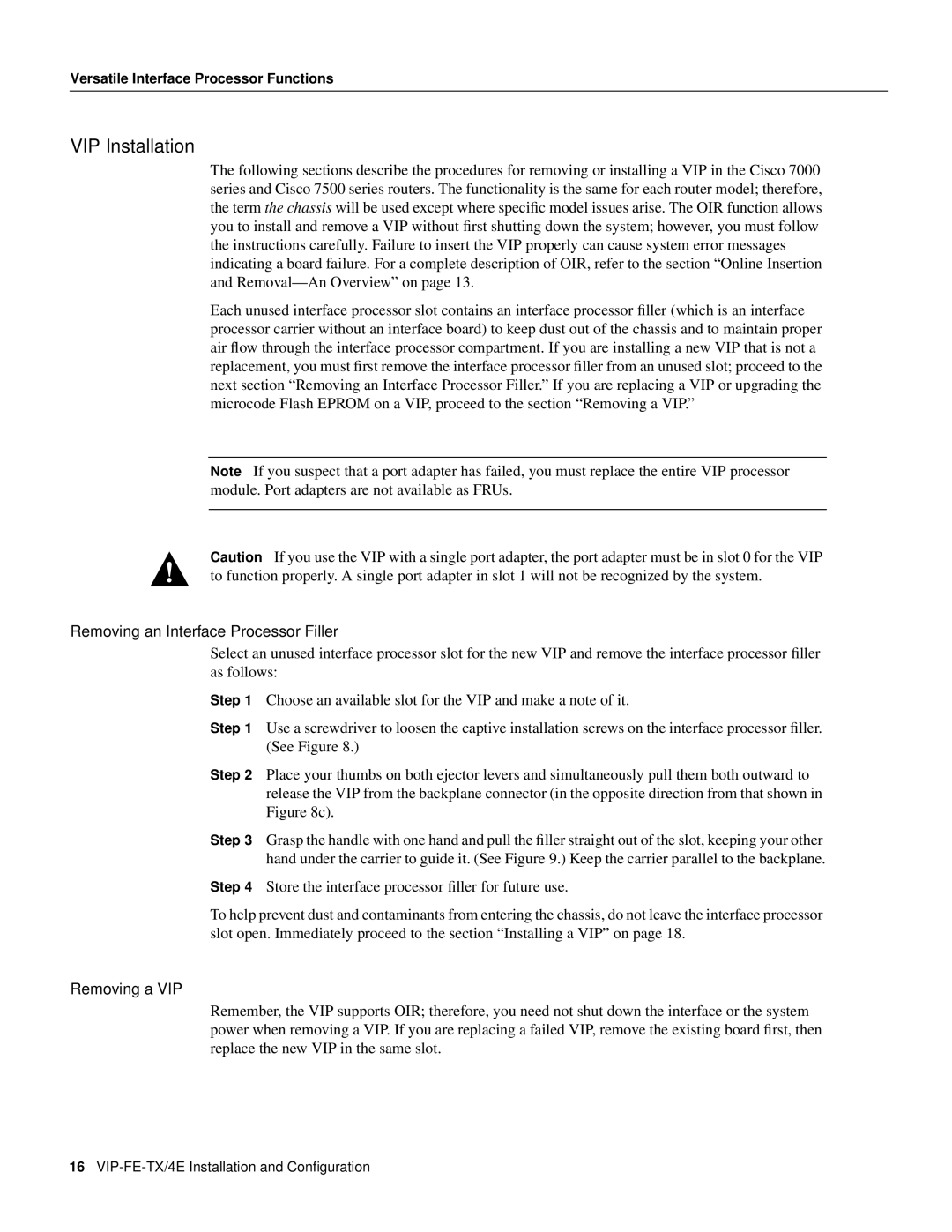 Cisco Systems VIP-FE-TX/4E manual VIP Installation, Removing an Interface Processor Filler, Removing a VIP 