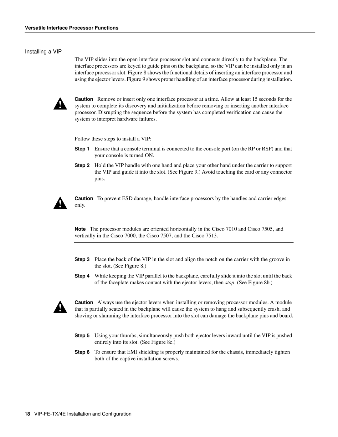 Cisco Systems VIP-FE-TX/4E manual Installing a VIP 