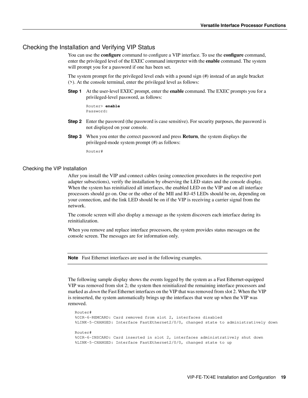 Cisco Systems VIP-FE-TX/4E manual Checking the Installation and Verifying VIP Status, Checking the VIP Installation 