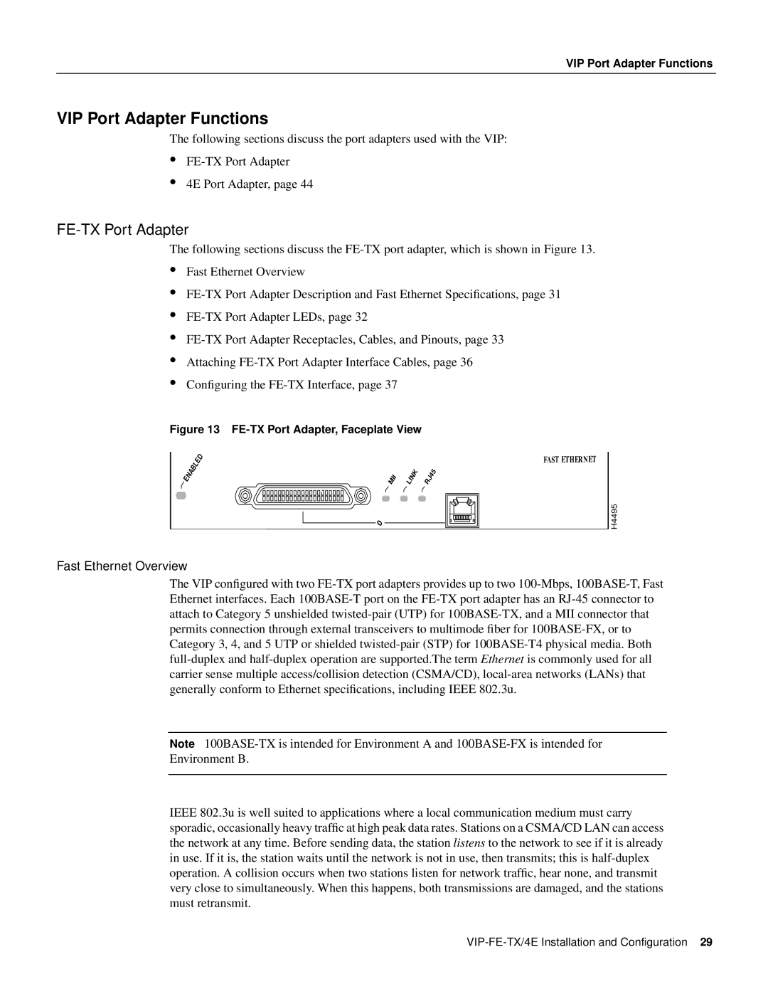 Cisco Systems VIP-FE-TX/4E manual FE-TX Port Adapter, Fast Ethernet Overview 