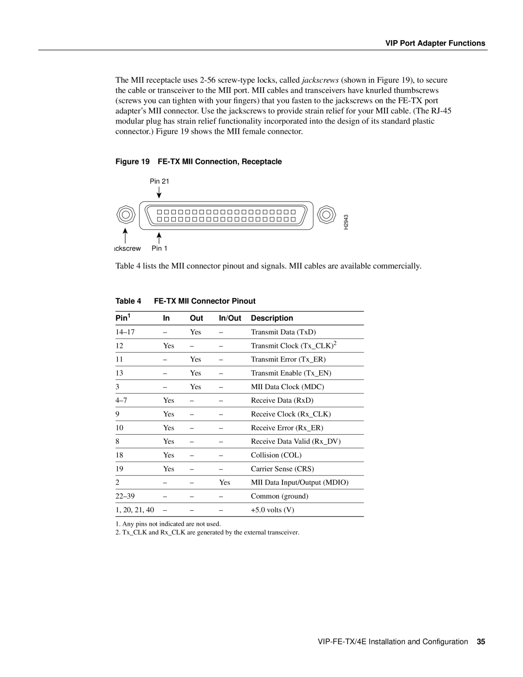 Cisco Systems VIP-FE-TX/4E manual FE-TX MII Connection, Receptacle 