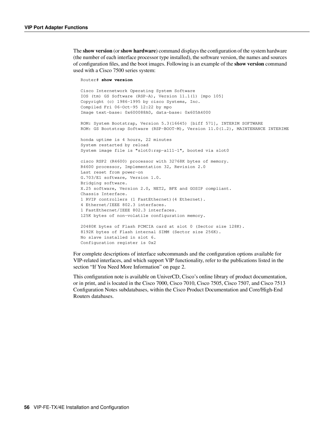 Cisco Systems VIP-FE-TX/4E manual Router# show version 