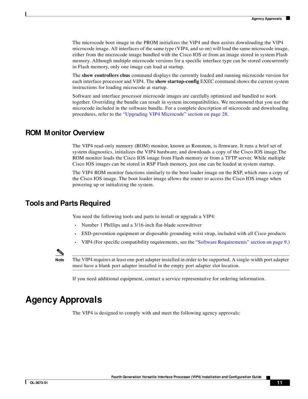 Cisco Systems VIP4 manual Agency Approvals, ROM Monitor Overview, Tools and Parts Required 
