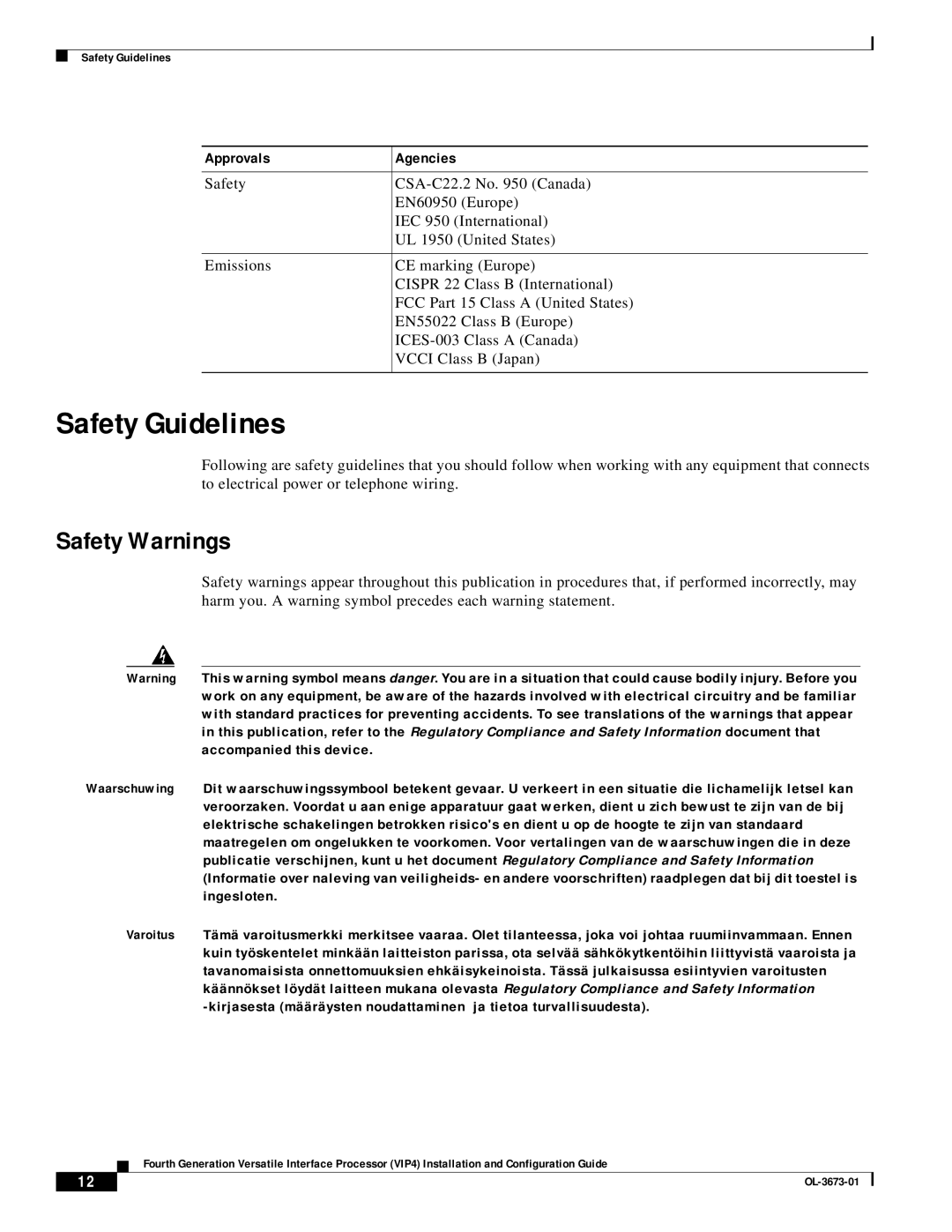 Cisco Systems VIP4 manual Safety Guidelines, Safety Warnings, Approvals Agencies 