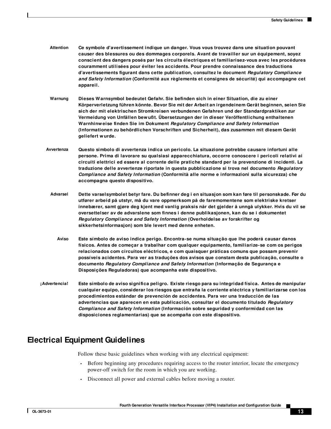 Cisco Systems VIP4 manual Electrical Equipment Guidelines 