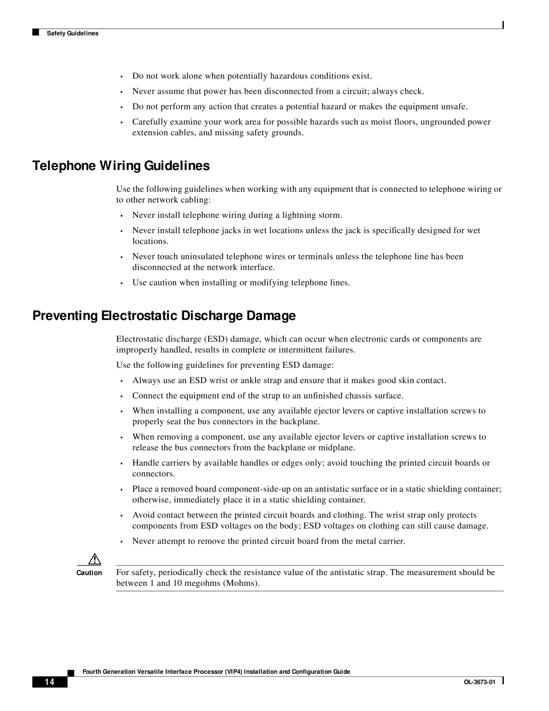 Cisco Systems VIP4 manual Telephone Wiring Guidelines, Preventing Electrostatic Discharge Damage 