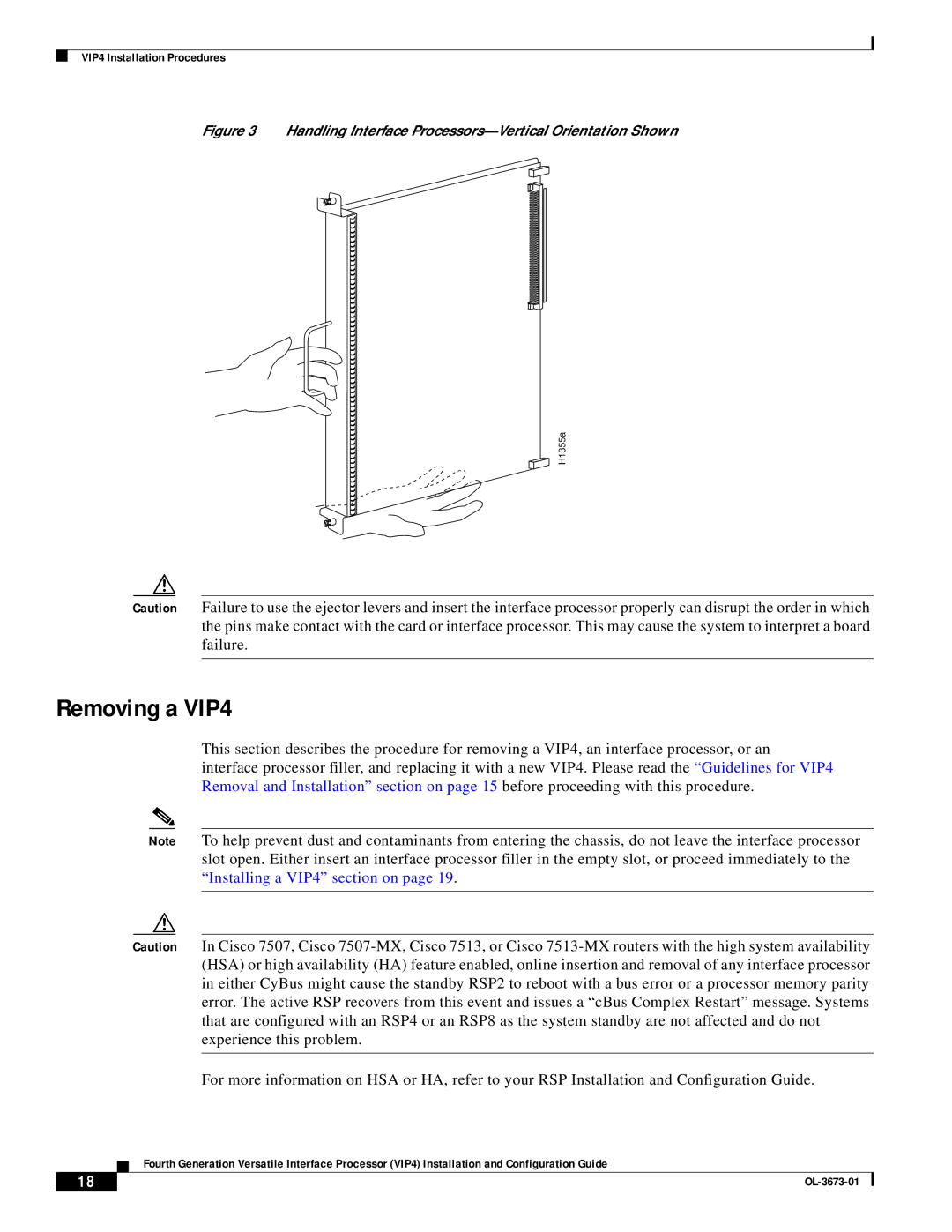 Cisco Systems manual Removing a VIP4, Handling Interface Processors-Vertical Orientation Shown 