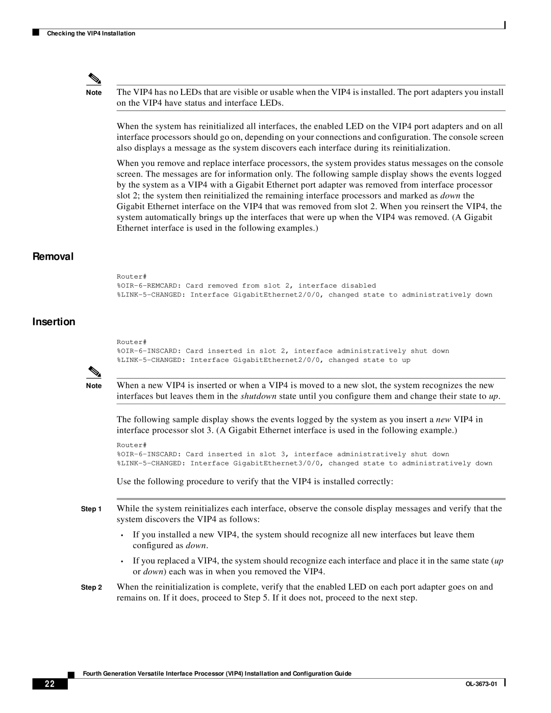 Cisco Systems VIP4 manual Removal, Insertion 