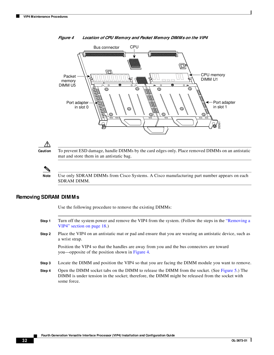 Cisco Systems manual Removing Sdram DIMMs, Location of CPU Memory and Packet Memory DIMMs on the VIP4 