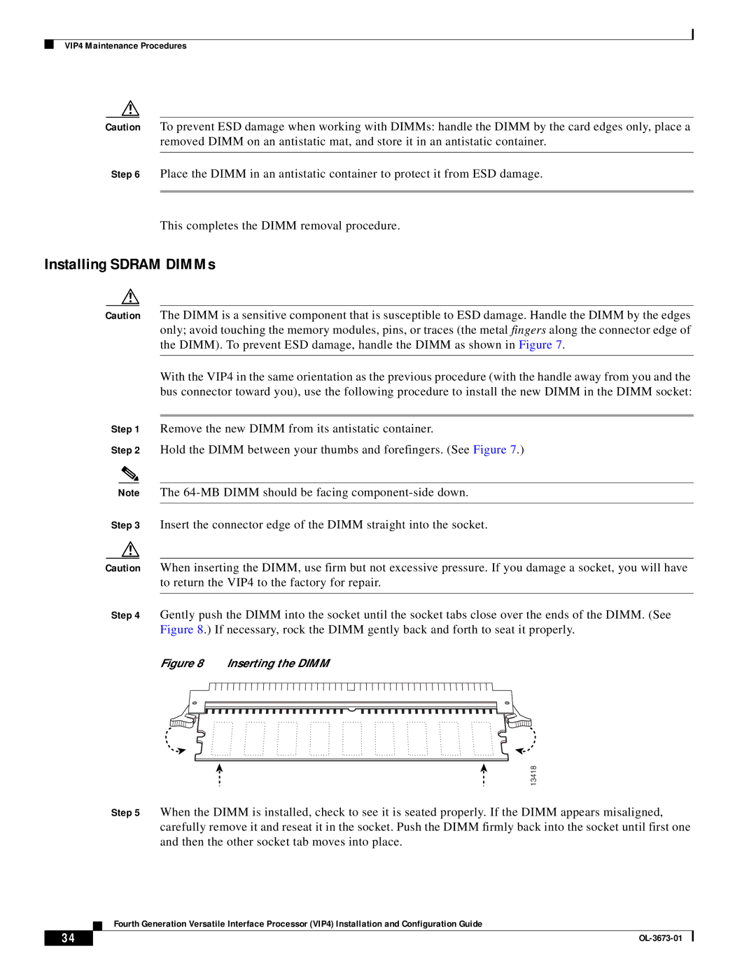 Cisco Systems VIP4 manual Installing Sdram DIMMs, Inserting the Dimm 