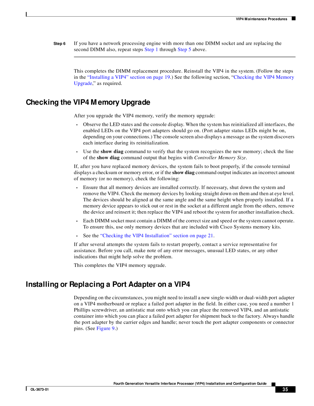 Cisco Systems manual Checking the VIP4 Memory Upgrade, Installing or Replacing a Port Adapter on a VIP4 