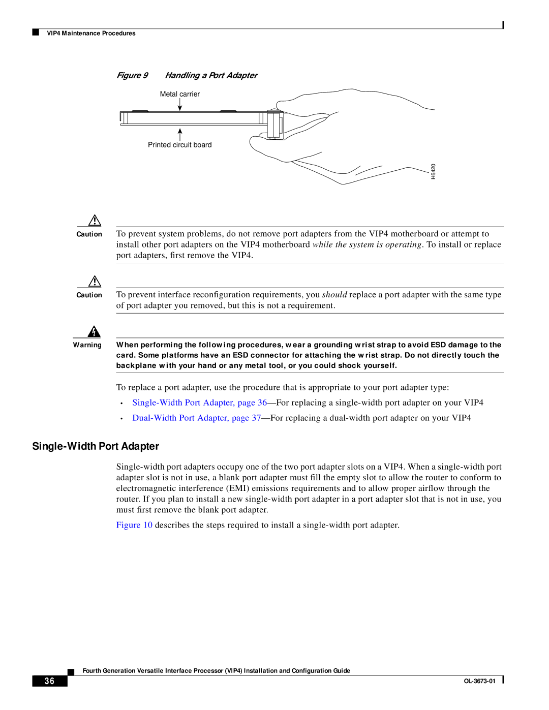 Cisco Systems VIP4 manual Single-Width Port Adapter, Handling a Port Adapter 