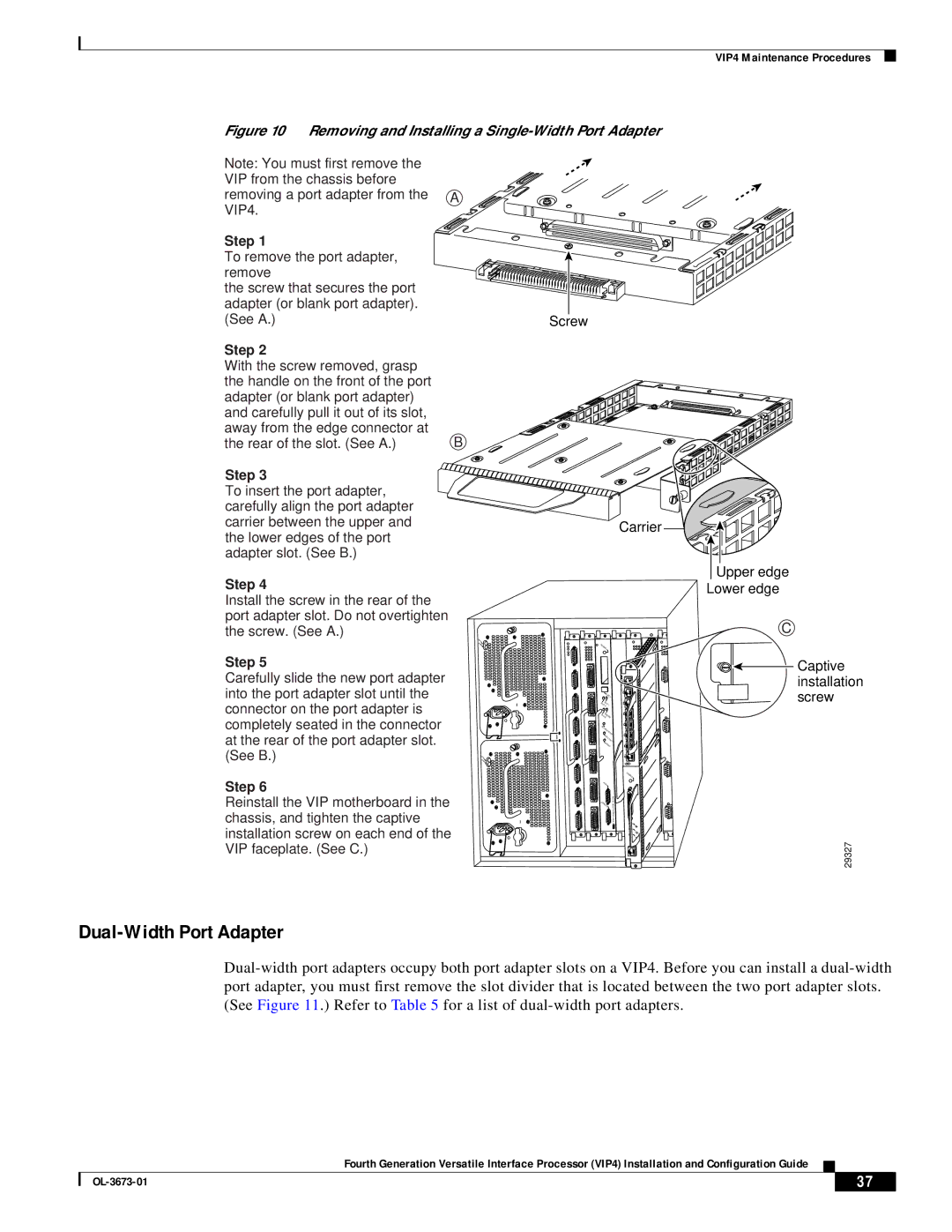 Cisco Systems VIP4 manual Dual-Width Port Adapter, Step 