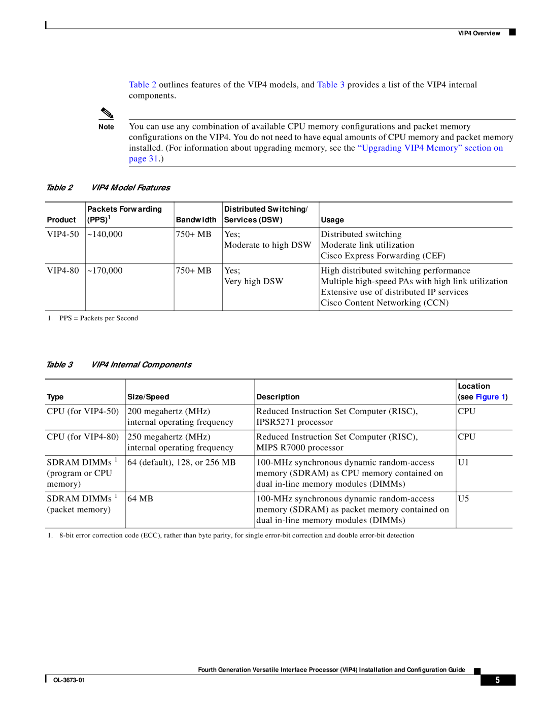 Cisco Systems VIP4 manual Location, Type Size/Speed Description 