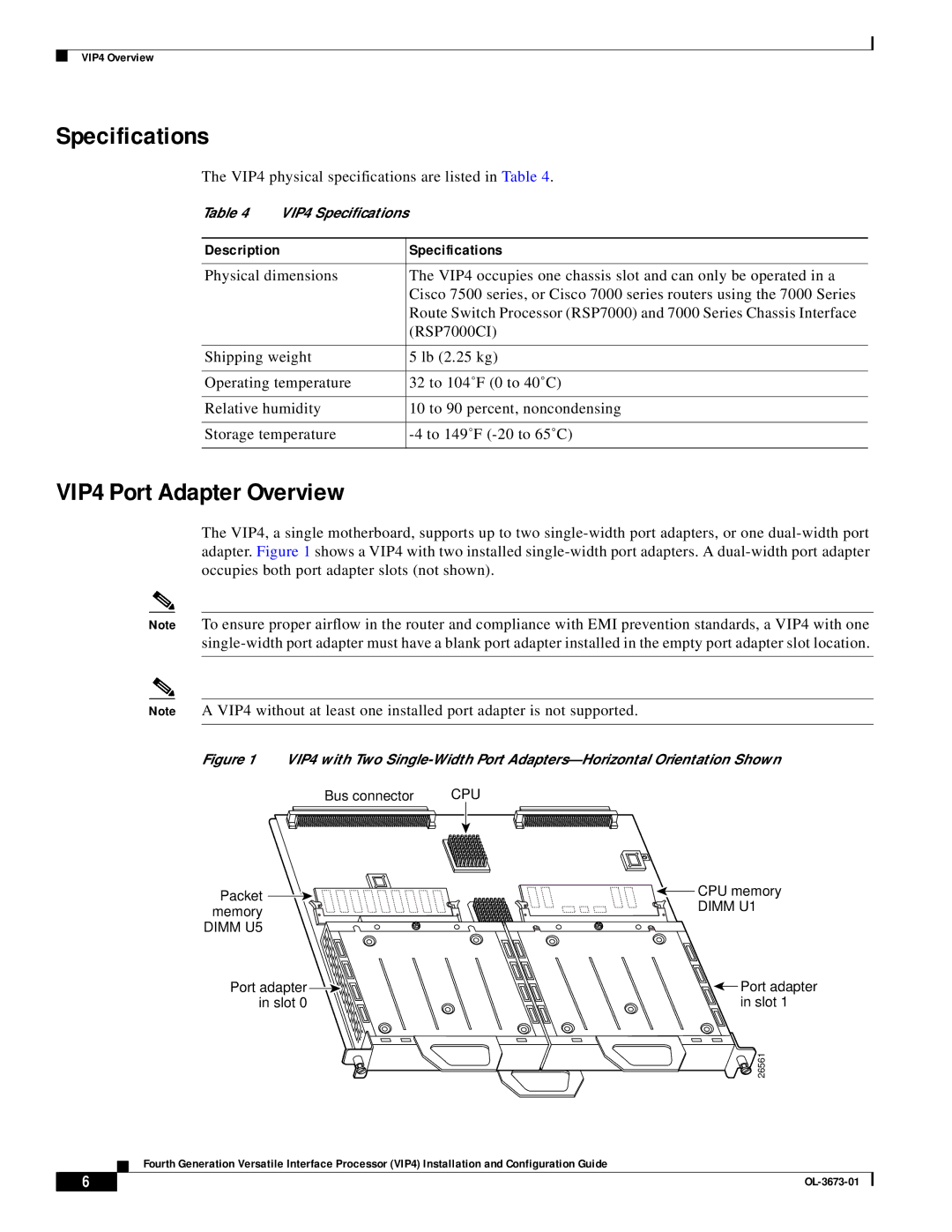 Cisco Systems manual VIP4 Port Adapter Overview, Description Specifications 