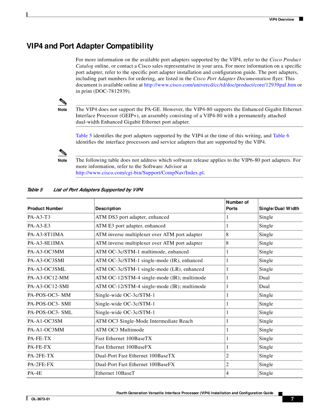 Cisco Systems manual VIP4 and Port Adapter Compatibility, Number Product Number Description Ports 