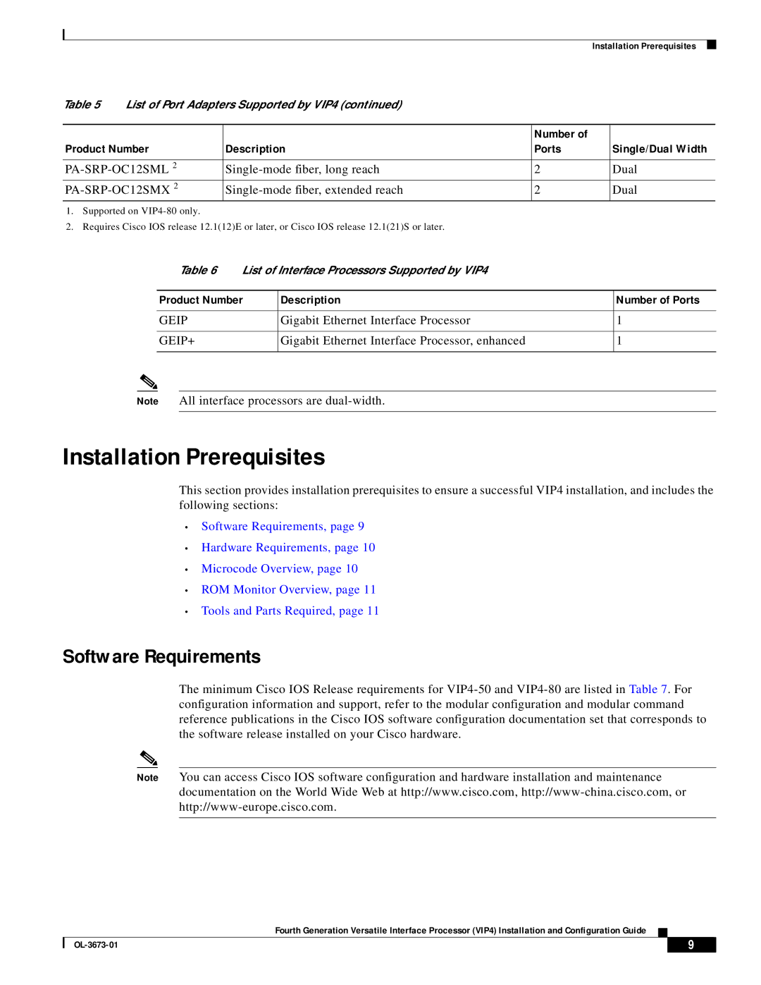 Cisco Systems VIP4 manual Installation Prerequisites, Software Requirements, Product Number Description Number of Ports 