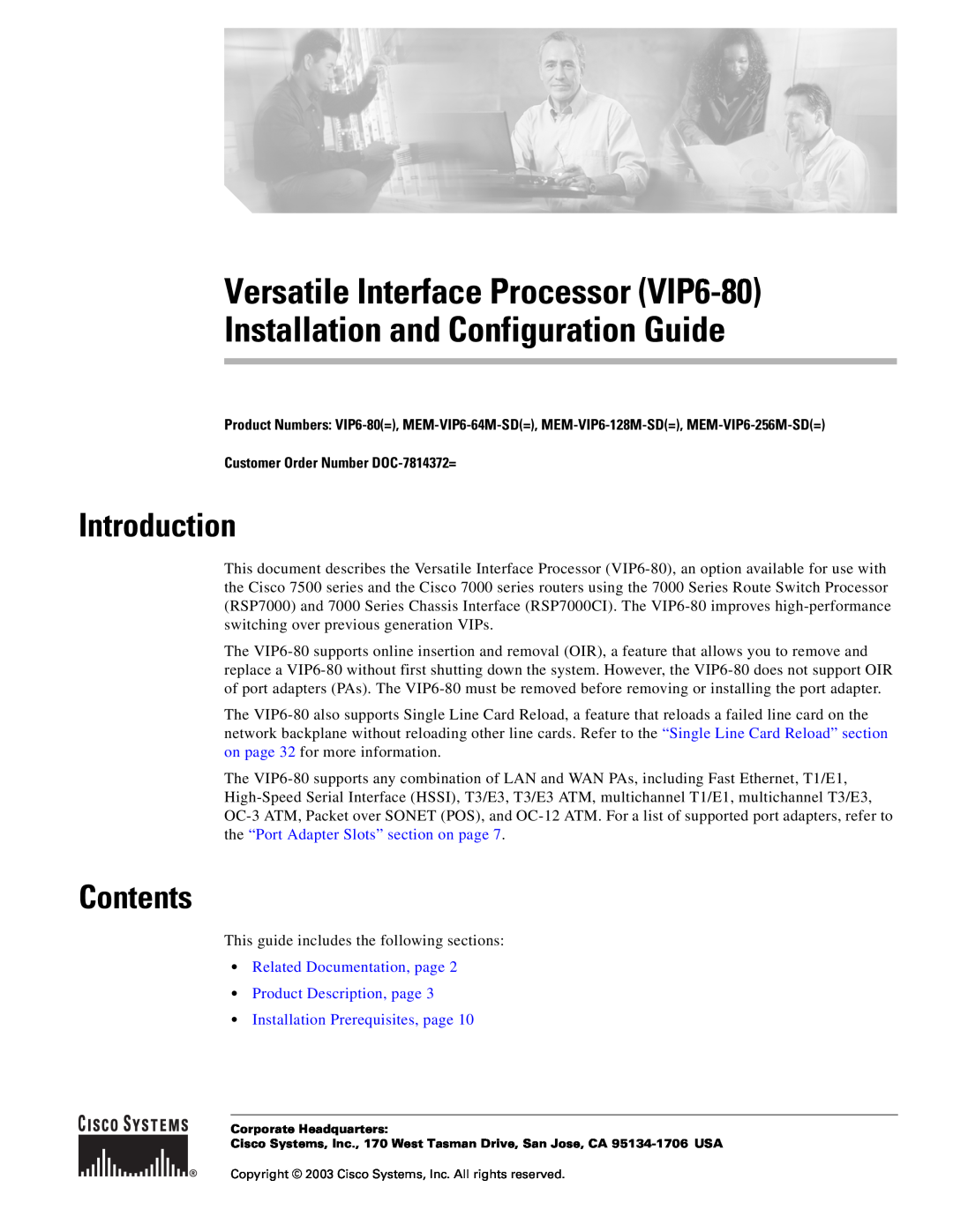 Cisco Systems (VIP6-80) manual Introduction, Contents, Customer Order Number DOC-7814372= 