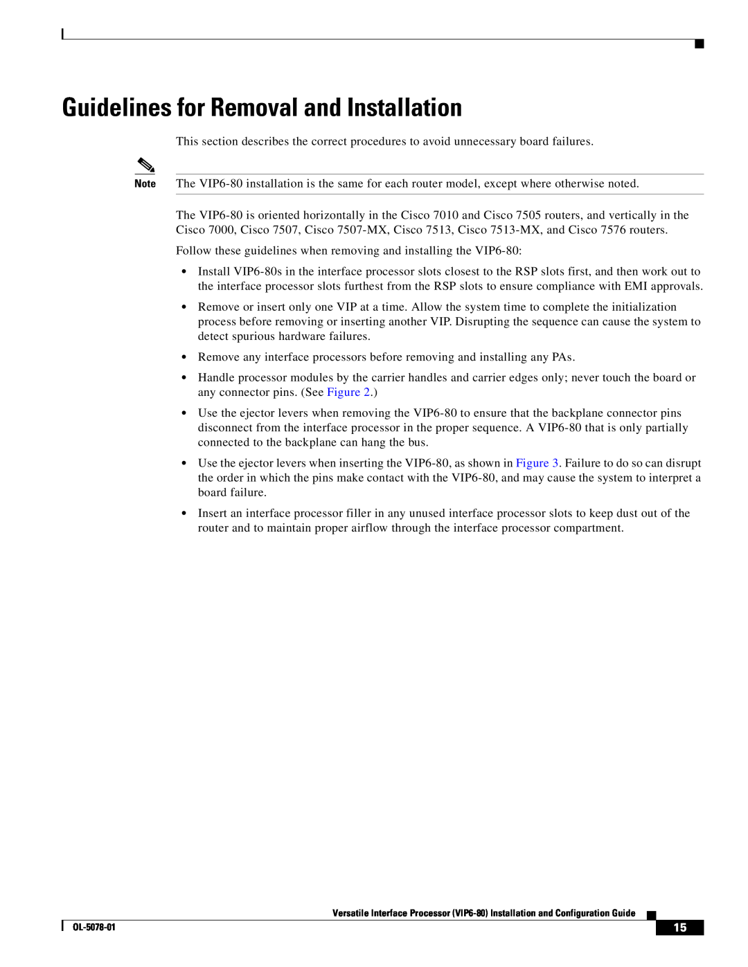 Cisco Systems (VIP6-80) manual Guidelines for Removal and Installation 