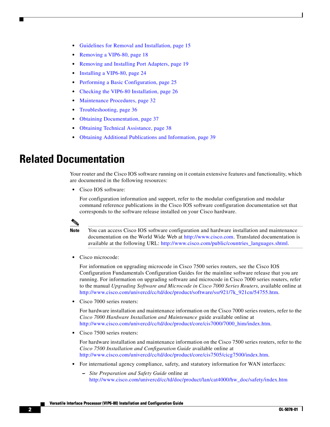 Cisco Systems (VIP6-80) manual Related Documentation, Guidelines for Removal and Installation, page 