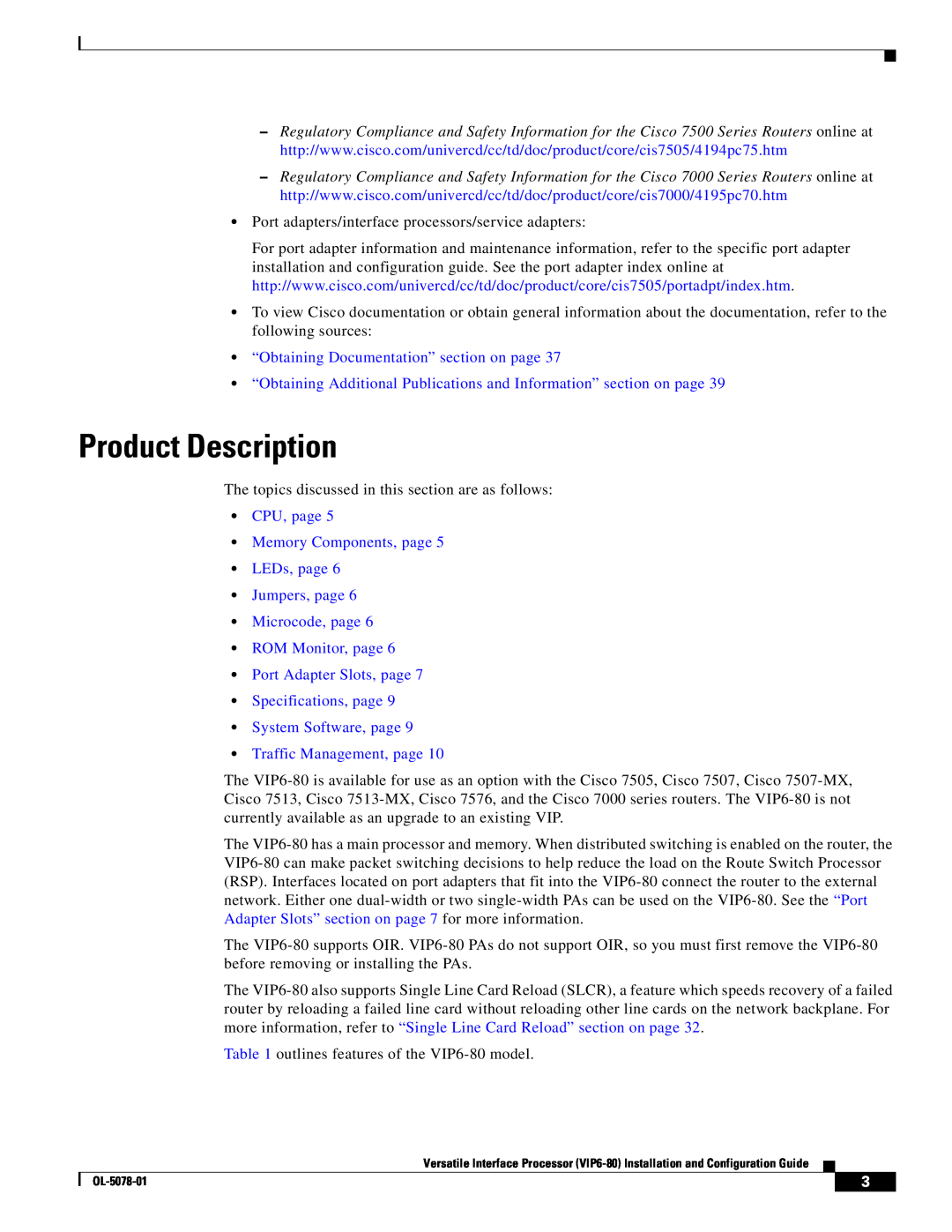 Cisco Systems (VIP6-80) manual Product Description, “Obtaining Documentation” section on page 