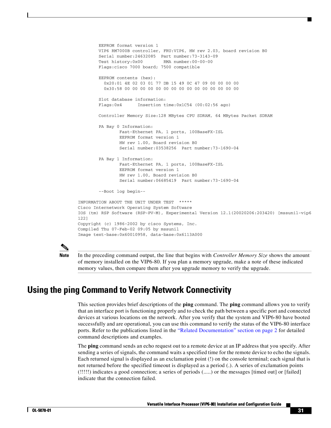Cisco Systems (VIP6-80) manual Using the ping Command to Verify Network Connectivity 