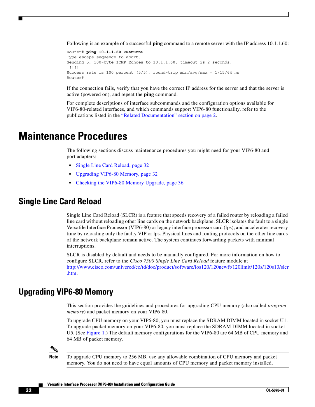 Cisco Systems (VIP6-80) manual Maintenance Procedures, Single Line Card Reload, Upgrading VIP6-80 Memory 