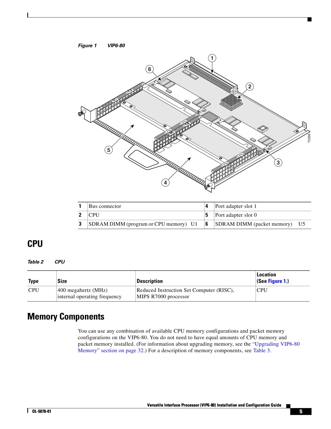 Cisco Systems (VIP6-80) manual Memory Components, Location, Type, Size, Description, See Figure 