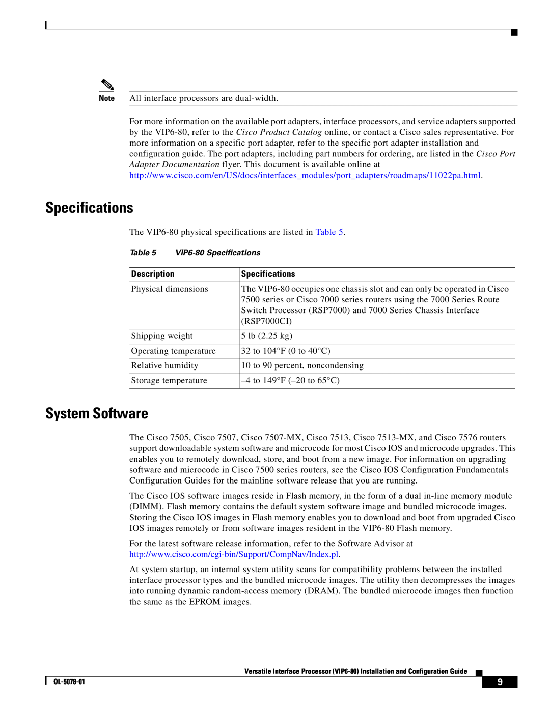 Cisco Systems (VIP6-80) manual Specifications, System Software, Description 
