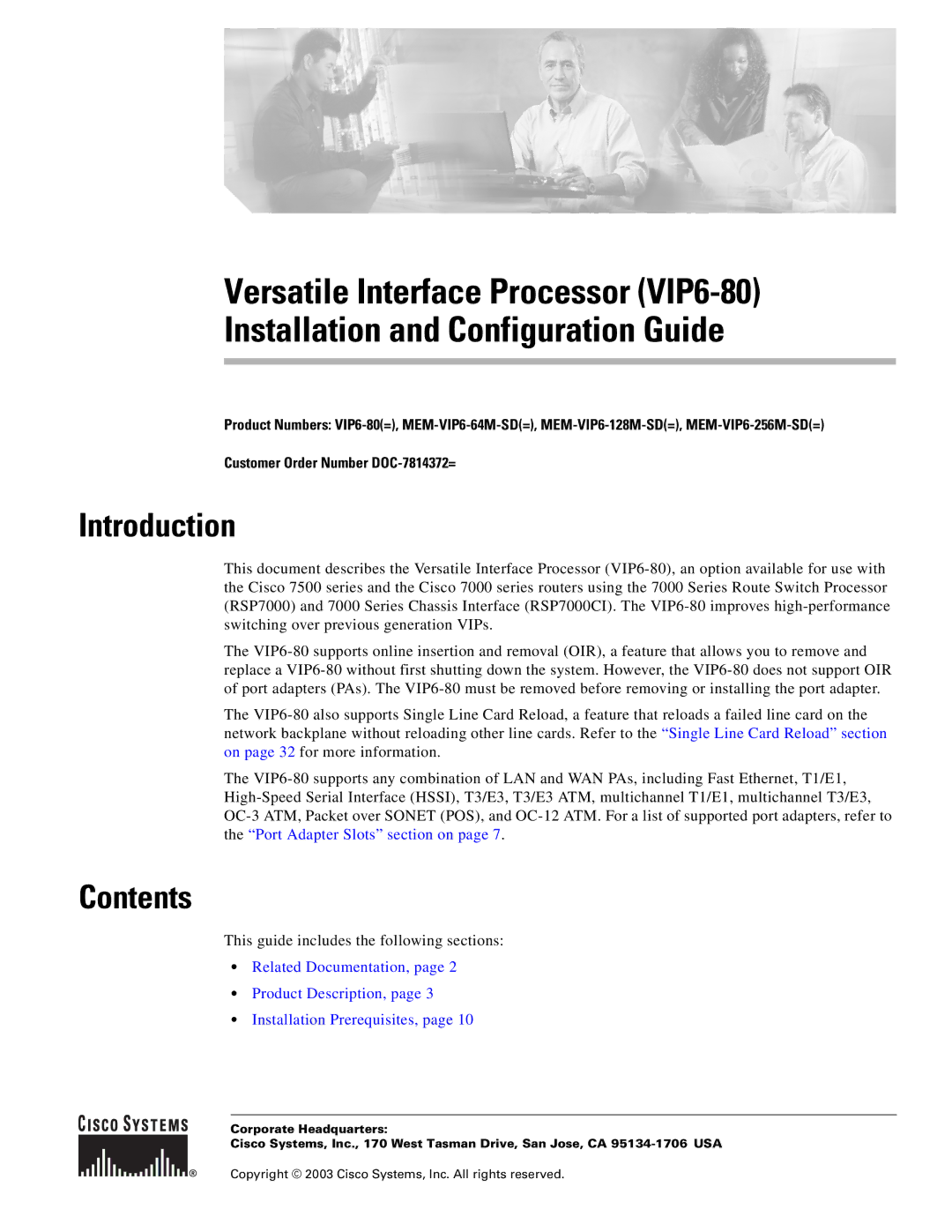 Cisco Systems (VIP6-80) manual Introduction, Contents 