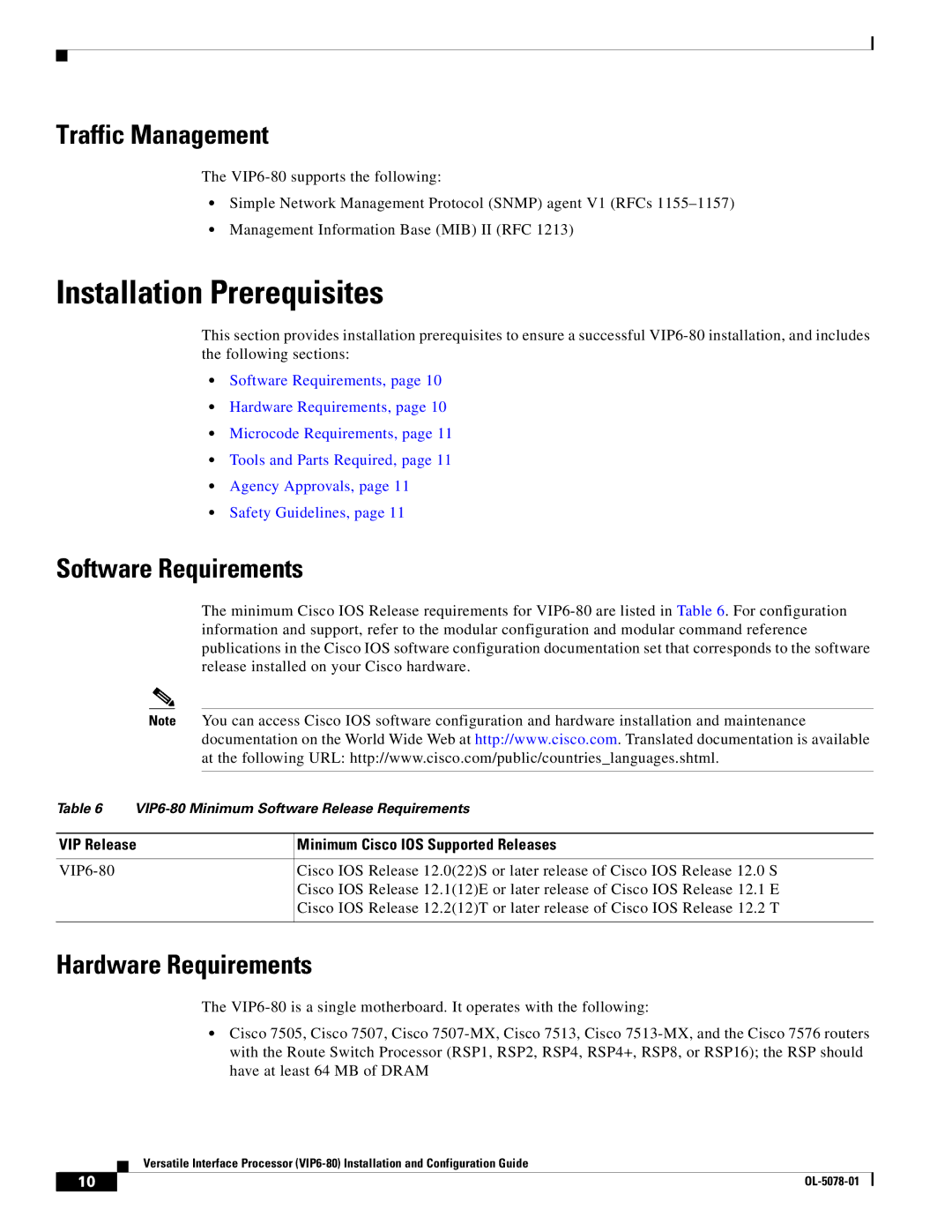 Cisco Systems (VIP6-80) manual Installation Prerequisites, Traffic Management, Software Requirements, Hardware Requirements 