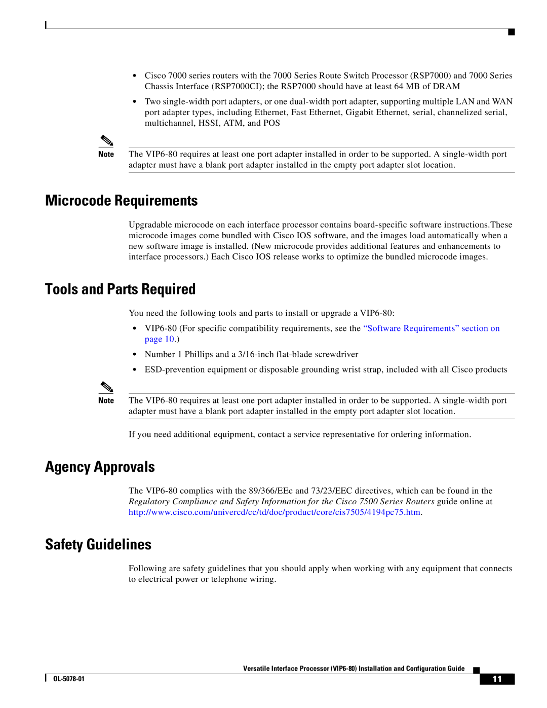 Cisco Systems (VIP6-80) manual Microcode Requirements, Tools and Parts Required, Agency Approvals Safety Guidelines 