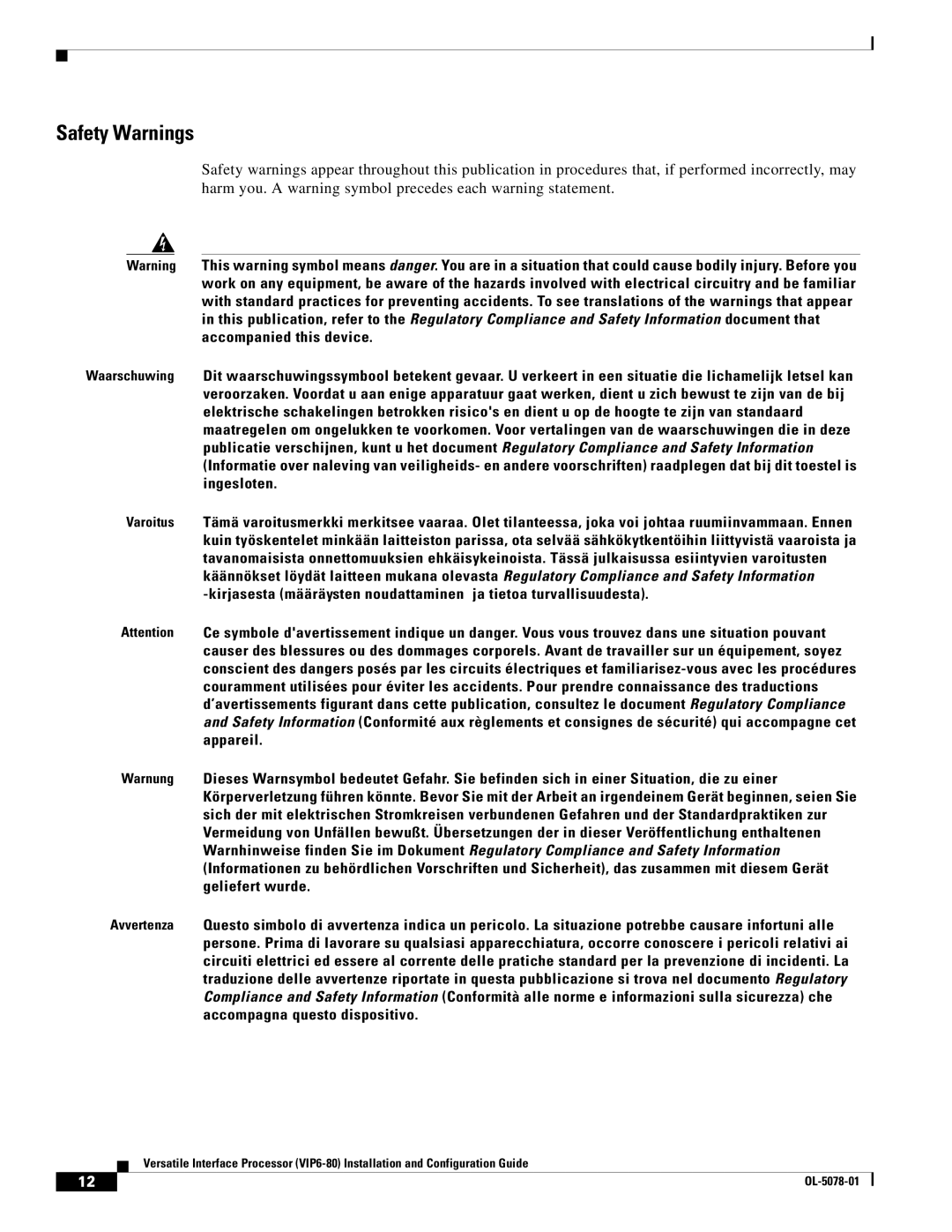 Cisco Systems (VIP6-80) manual Safety Warnings 