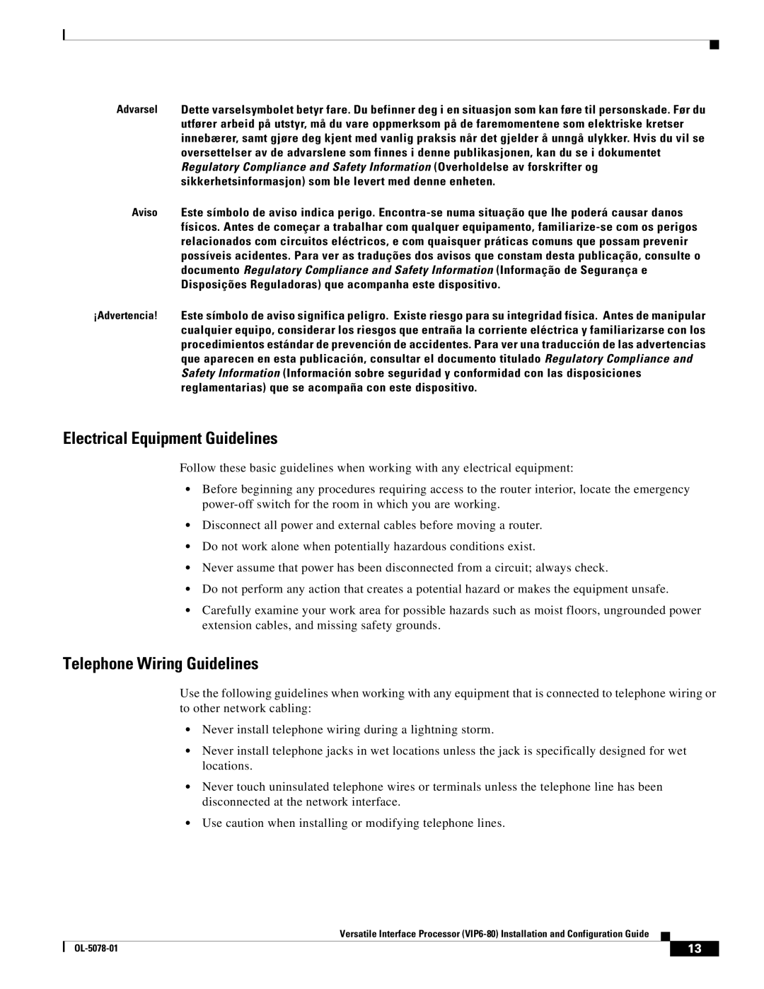 Cisco Systems (VIP6-80) manual Electrical Equipment Guidelines, Telephone Wiring Guidelines 