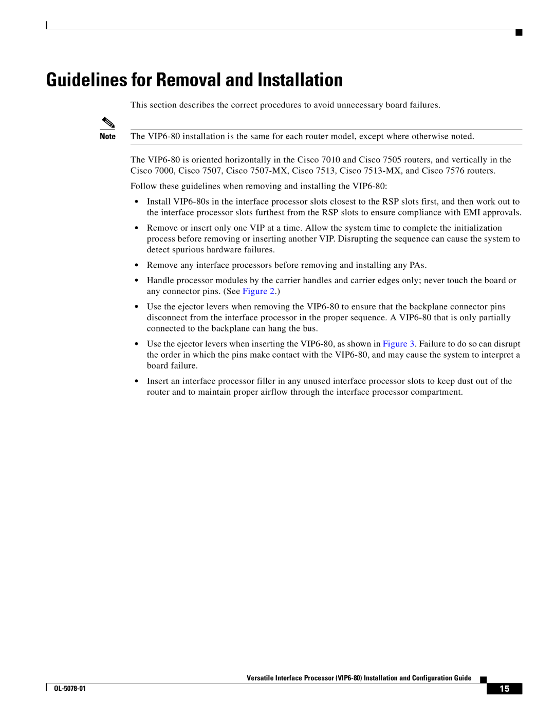 Cisco Systems (VIP6-80) manual Guidelines for Removal and Installation 