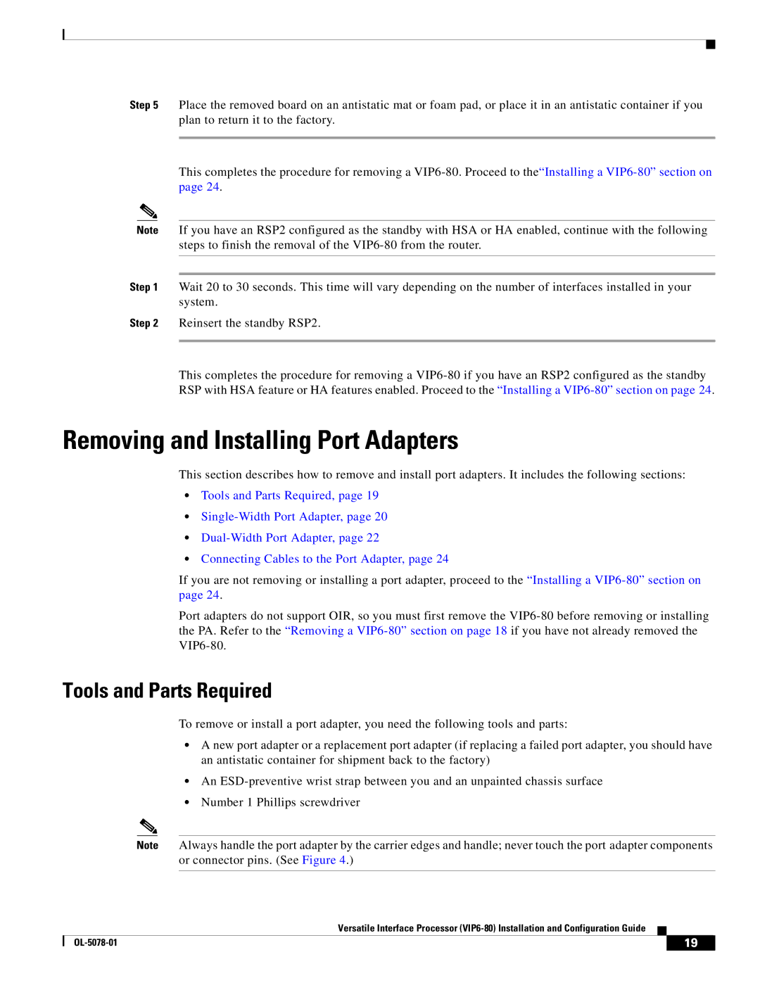 Cisco Systems (VIP6-80) manual Removing and Installing Port Adapters, Tools and Parts Required 