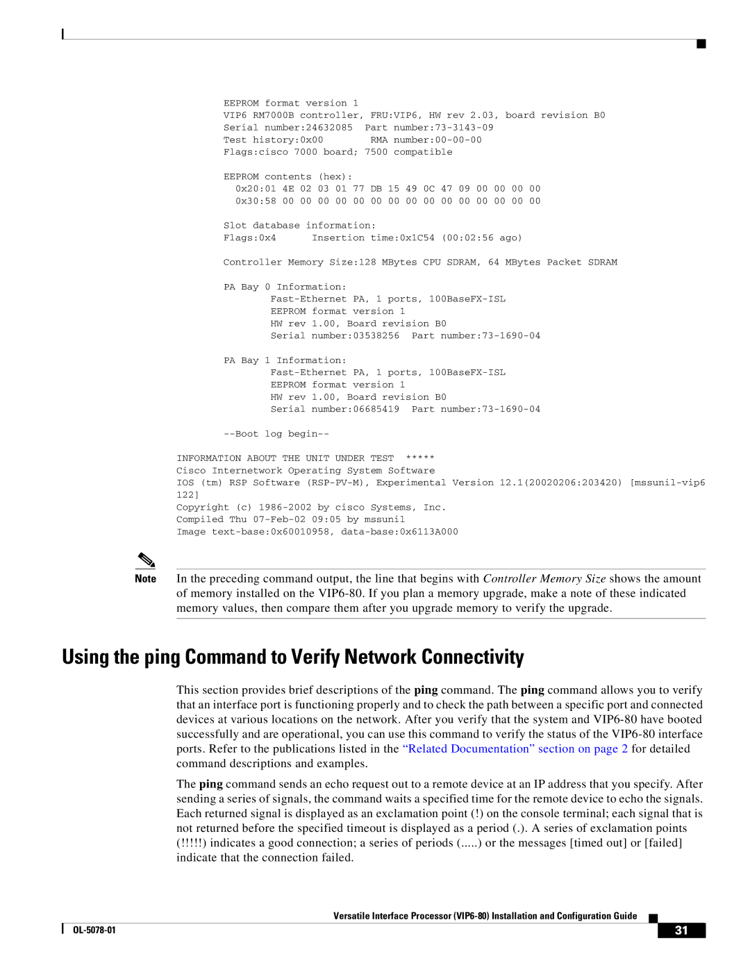 Cisco Systems (VIP6-80) manual Using the ping Command to Verify Network Connectivity, Rma 