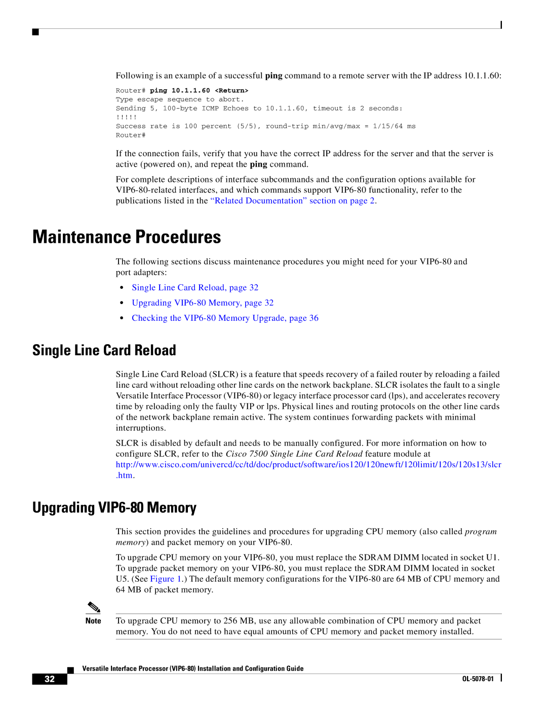 Cisco Systems (VIP6-80) manual Maintenance Procedures, Single Line Card Reload, Upgrading VIP6-80 Memory 