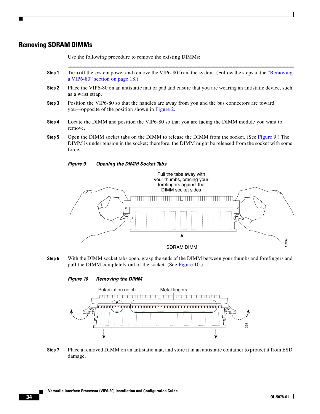 Cisco Systems (VIP6-80) manual Removing Sdram DIMMs, Opening the Dimm Socket Tabs 