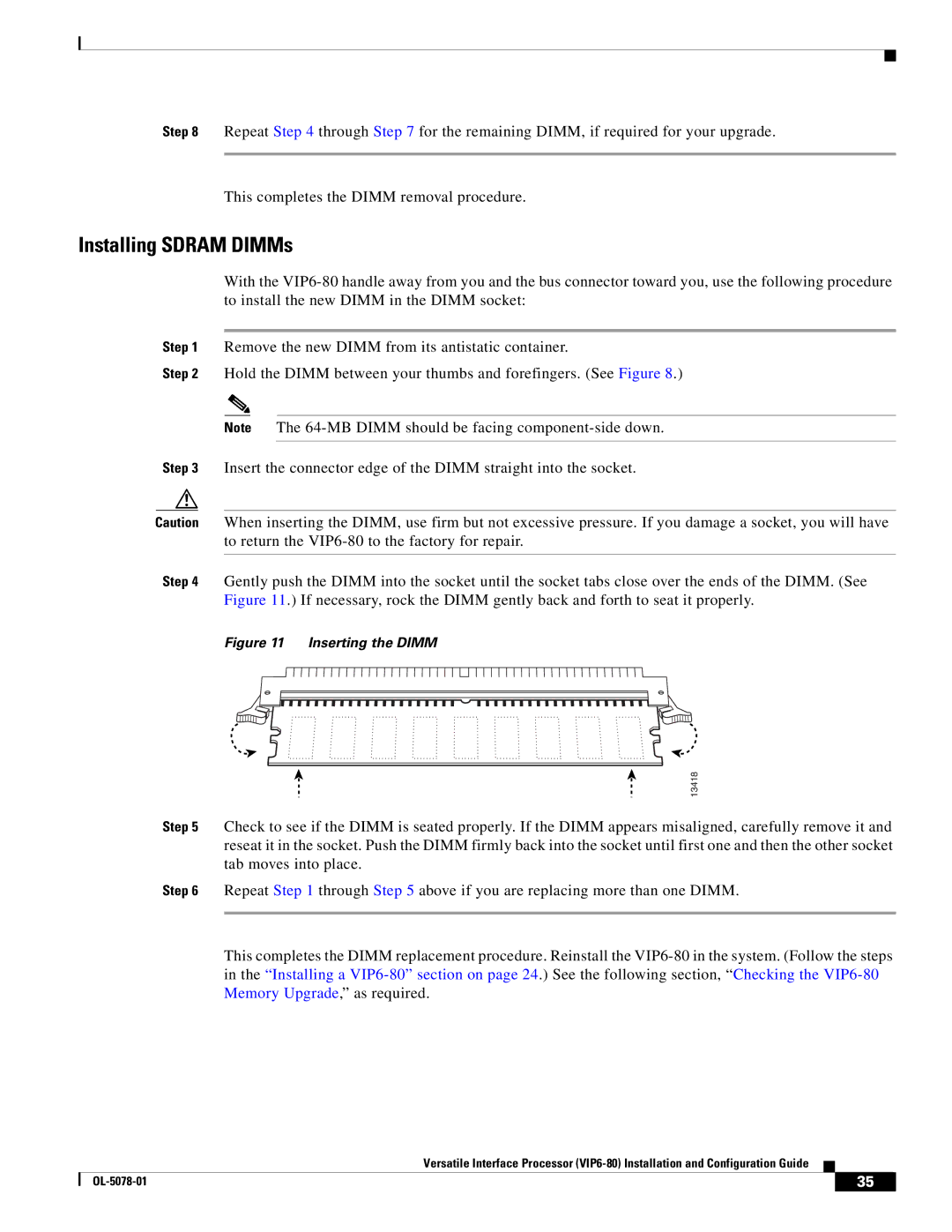 Cisco Systems (VIP6-80) manual Installing Sdram DIMMs, Inserting the Dimm 