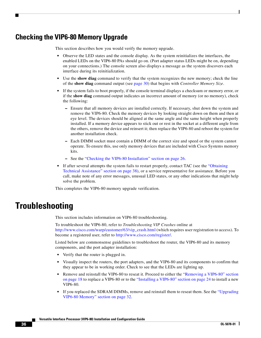 Cisco Systems (VIP6-80) manual Troubleshooting, Checking the VIP6-80 Memory Upgrade 