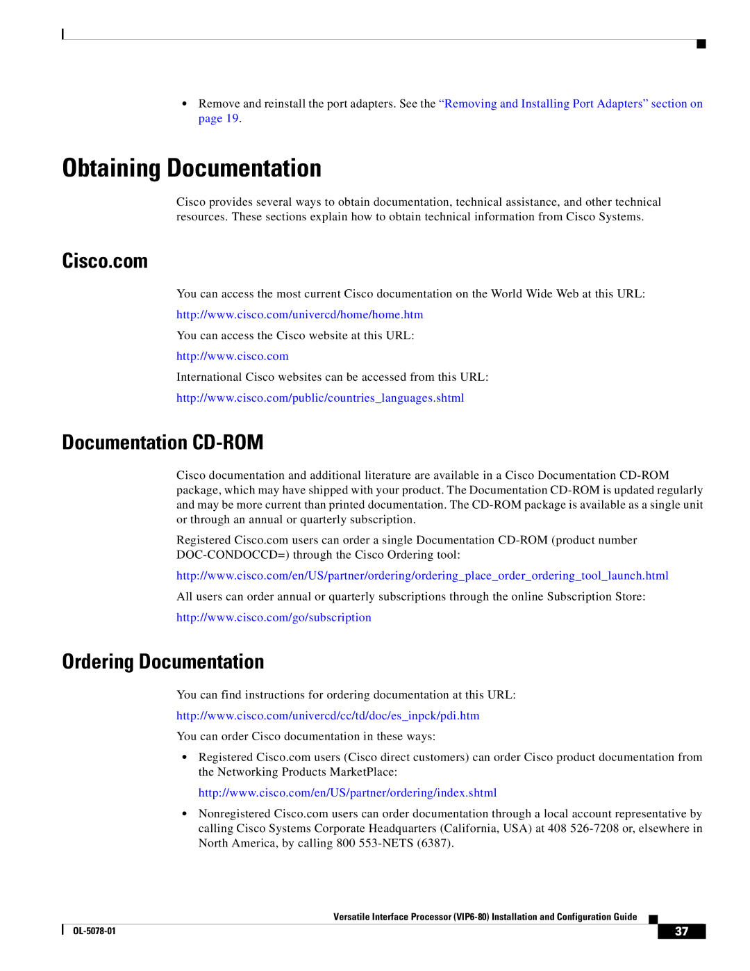 Cisco Systems (VIP6-80) manual Obtaining Documentation, Cisco.com, Documentation CD-ROM, Ordering Documentation 